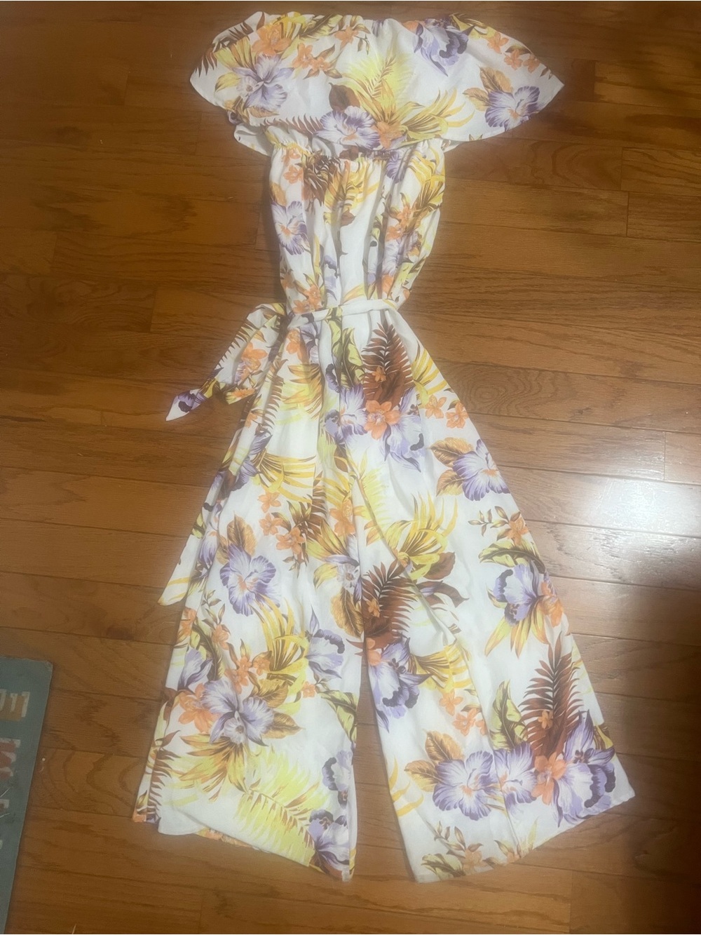 Floral Off-Shoulder Wide-Leg Jumpsuit - White with Yellow & Purple Floral